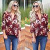 The Best Women Floral Print Chiffon Blouse Three Quarter V-Neck Casual Tops Online - Hplify