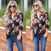 The Best Women Floral Print Chiffon Blouse Three Quarter V-Neck Casual Tops Online - Hplify