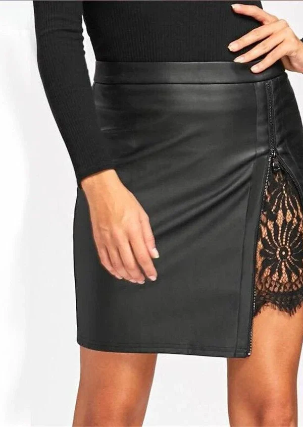 The Best Women Formal Lace Leather High Waist Short Skirt OL Ladies Summer Casual Bodycon Slim Mini Skirt Pencil Sundress Online - Hplify