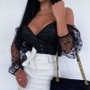 The Best Women Glitter Deep V Neck Mesh Sheer Puff Long Sleeve Crop Top Sexy Ladies Sequins Shirt Top Blouse Clubwear Online - Hplify