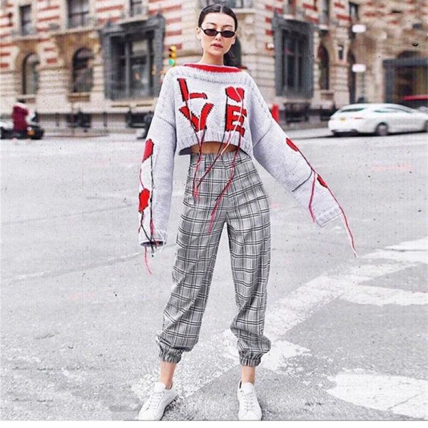 The Best Women High Waist Plaid Stretch Skinny Pencil Pants Ladies Elastic Loose Drawstring Casual Trousers Outwear Online - Hplify