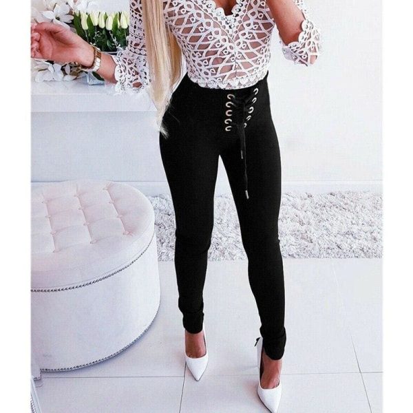 The Best Women High Waisted Stretchy Skinny Trousers Slim Fitted Casual Long Pencil Pants Solid Color Elastic Legging Bottoms Online - Hplify