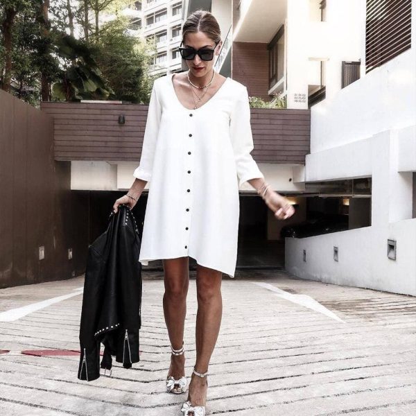The Best Women Holiday Loose Button Ladies Summer Beach Mini Swing Sun Dress Ladies Long Sleeve Casual Top Dress Streetwear Online - Hplify