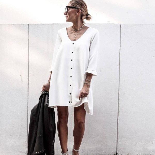 The Best Women Holiday Loose Button Ladies Summer Beach Mini Swing Sun Dress Ladies Long Sleeve Casual Top Dress Streetwear Online - Hplify