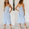 The Best Women Holiday Strappy Button Stripe Dress New Fashion Summer Ladies Beach Casual Sleeveless High Waist Sun Dress Hot Online - Hplify