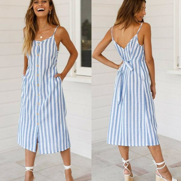 The Best Women Holiday Strappy Button Stripe Dress New Fashion Summer Ladies Beach Casual Sleeveless High Waist Sun Dress Hot Online - Hplify
