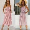 The Best Women Holiday Strappy Button Stripe Dress New Fashion Summer Ladies Beach Casual Sleeveless High Waist Sun Dress Hot Online - Hplify