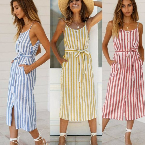 The Best Women Holiday Strappy Button Stripe Dress New Fashion Summer Ladies Beach Casual Sleeveless High Waist Sun Dress Hot Online - Hplify