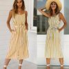The Best Women Holiday Strappy Button Stripe Dress New Fashion Summer Ladies Beach Casual Sleeveless High Waist Sun Dress Hot Online - Hplify