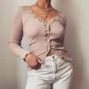 The Best Women Knitted Wrap V Neck Long Sleeve Jumper Crop Top Blouse Fashion Ladies Casual Slim Fit Knitwear Tops Online - Hplify
