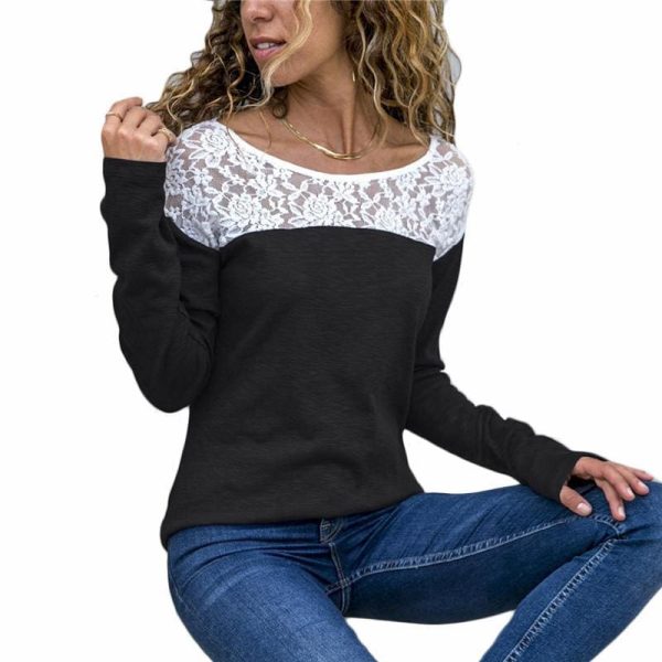 The Best Women Lace Blouse Casual Long Sleeve Tunic O-Neck Patchwork Blouses Online - Hplify
