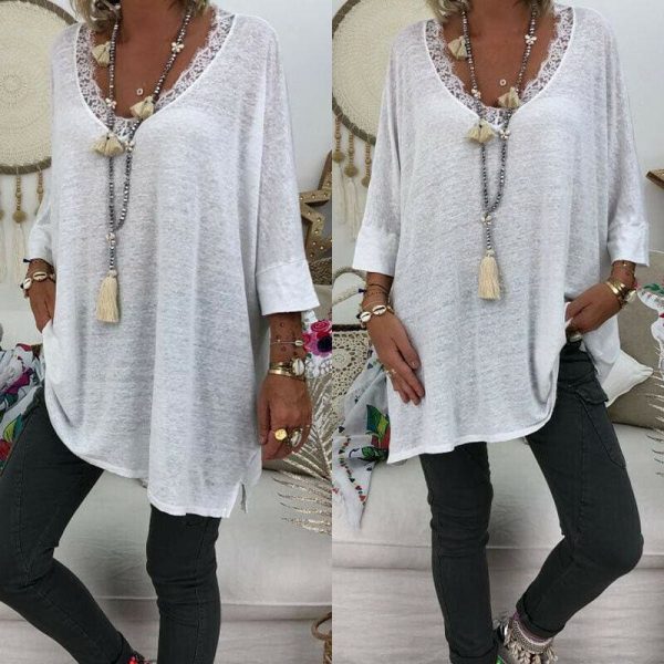 The Best Women Lace Long Sleeve Pullover Casual T Shirt New Ladies V Neck Loose Baggy Jumper Shirt Top Women Clothes Online - Hplify