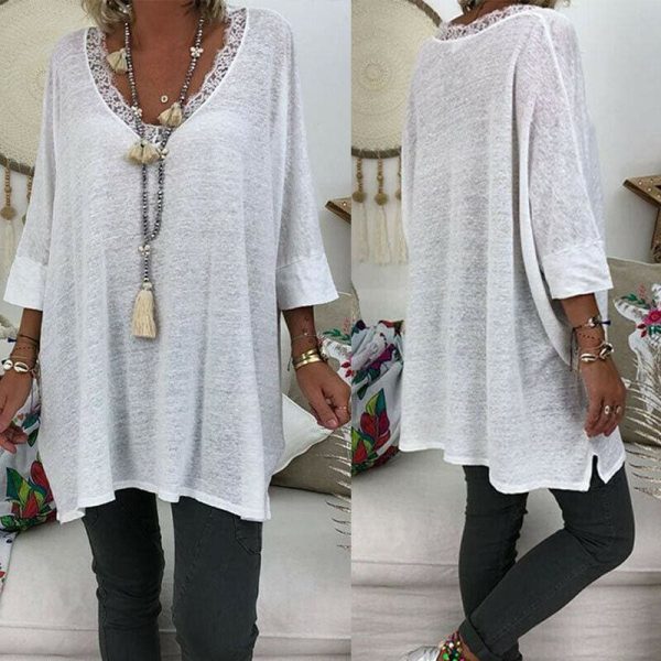 The Best Women Lace Long Sleeve Pullover Casual T Shirt New Ladies V Neck Loose Baggy Jumper Shirt Top Women Clothes Online - Hplify