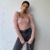 The Best Women Lace Puff Sleeve Cropped Tops Shirt Fashion Ladies Autumn Winter Casual Blouse Holiday Tops Tee Online - Hplify