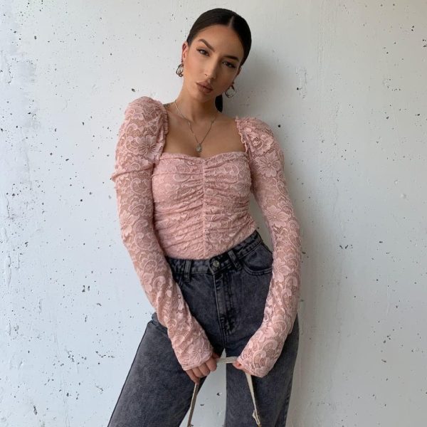 The Best Women Lace Puff Sleeve Cropped Tops Shirt Fashion Ladies Autumn Winter Casual Blouse Holiday Tops Tee Online - Hplify