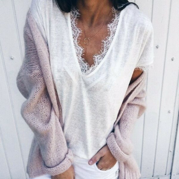 The Best Women Lace Short Sleeve Blouse Shirt New Fashion Ladies Summer Loose Solid Casual Vest Tank Tops Online - Hplify