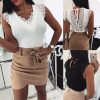 The Best Women Lace T-shirt Top Fashion Ladies Holiday Casual Camisole Tank Top Sleeveless V-Neck Solid Slim Female T-shirt Online - Hplify