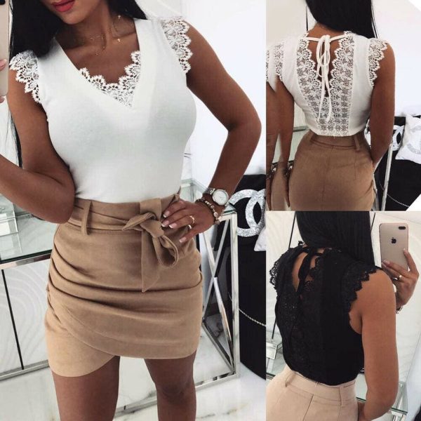 The Best Women Lace T-shirt Top Fashion Ladies Holiday Casual Camisole Tank Top Sleeveless V-Neck Solid Slim Female T-shirt Online - Hplify