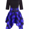 The Best Women Lace Up Plaid Asymmetrical Dress O-Neck Online - Source Silk