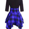 The Best Women Lace Up Plaid Asymmetrical Dress O-Neck Online - Source Silk