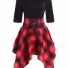 The Best Women Lace Up Plaid Asymmetrical Dress O-Neck Online - Source Silk