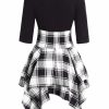 The Best Women Lace Up Plaid Asymmetrical Dress O-Neck Online - Source Silk