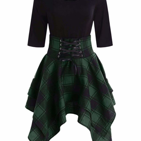 The Best Women Lace Up Plaid Asymmetrical Dress O-Neck Online - Source Silk