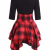 The Best Women Lace Up Plaid Asymmetrical Dress O-Neck Online - Source Silk