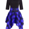 The Best Women Lace Up Plaid Asymmetrical Dress O-Neck Online - Source Silk