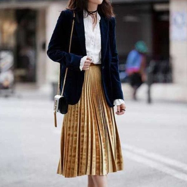The Best Women Ladies Fashion High Waist Loose Maxi Skirt Pleated Retro Elastic Waist Long Skirt Casual Solid Bottoms Online - Hplify