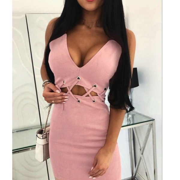 The Best Women Ladies Halter Sleeveless Bandage Bodycon Mini Dress Solid Casual Summer Beach Hollow Slim Sundress Online - Hplify