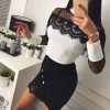The Best Women Ladies High Waist Pencil Skirts Button Lace Patchwork Sexy Bodycon Suede Leather Split Party Casual Mini Skirt Online - Hplify