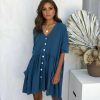 The Best Women Ladies Holiday Short Sleeve Loose Button Pocket Dresses Summer Beach Mini Swing Sun Dress Tops Online - Hplify