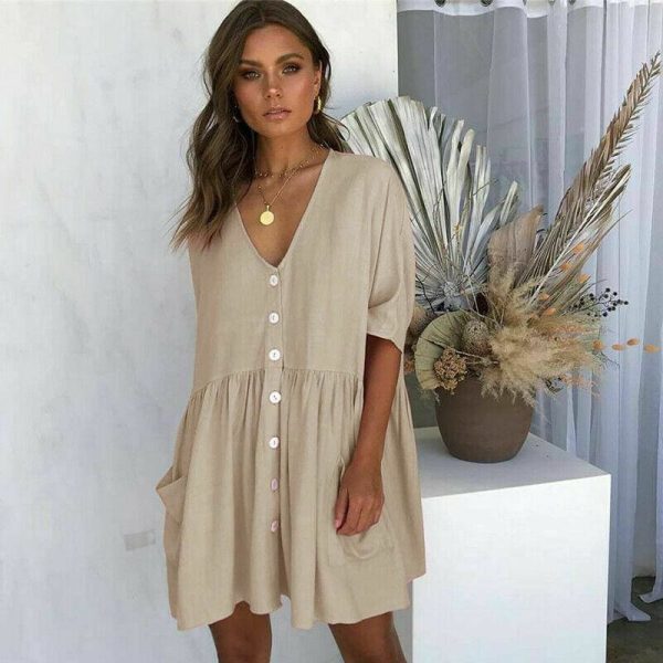 The Best Women Ladies Holiday Short Sleeve Loose Button Pocket Dresses Summer Beach Mini Swing Sun Dress Tops Online - Hplify