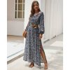 The Best Women Ladies Long Lantern Sleeve Autumn Dress Floral Autumn Pre-fall Holiday Buttons Maxi Dress Online - Hplify