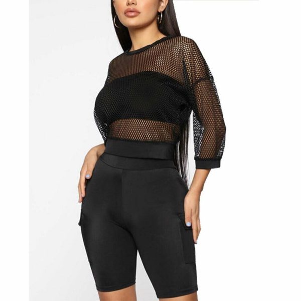 The Best Women Ladies Long Sleeve Mesh Perspective Summer Clubwear Solid Casual Crew Neck Stretchy Top Blouse Online - Hplify