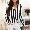 The Best Women Ladies Long Sleeve V-neck Striped Casual Loose Slim Tops Shirt OL Ladies Plain Casual Button Blouse Hot Online - Hplify