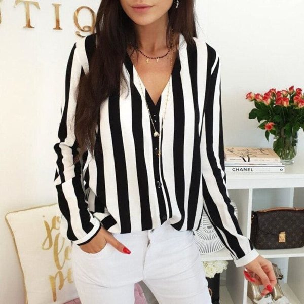 The Best Women Ladies Long Sleeve V-neck Striped Casual Loose Slim Tops Shirt OL Ladies Plain Casual Button Blouse Hot Online - Hplify