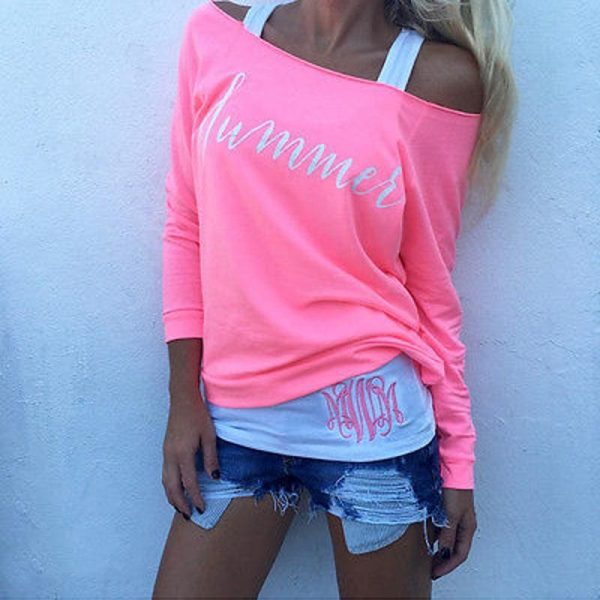 The Best Women Ladies Loose Casual Long Sleeve T-Shirt Fashion Summer Pink Color Letter Cotton Leisure Tops T-Shirt Tees Online - Hplify