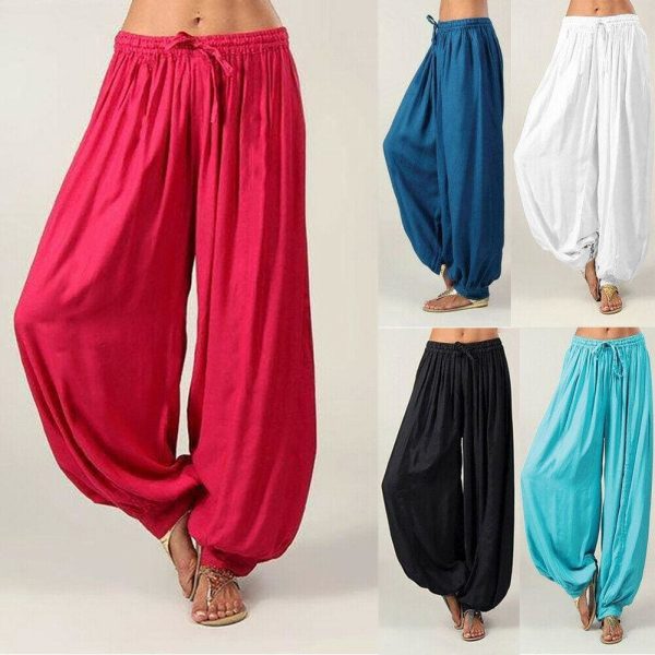 The Best Women Ladies Loose Solid Bandage Hippie Aladdin Long Pants Gypsy Harem Trousers Casual Baggy Loose Trousers Online - Hplify