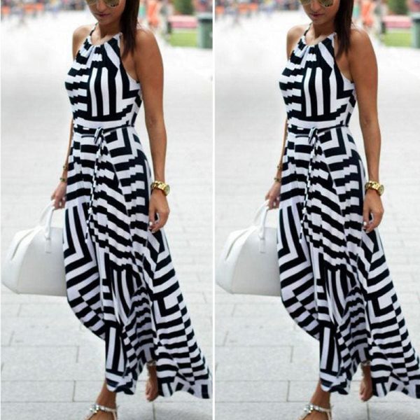 The Best Women Ladies Maxi Boho Floral Long Dress Casual Summer Beach Long Dress Striped Sleeveless High Waist Dress New arrival Sundress Online - Hplify