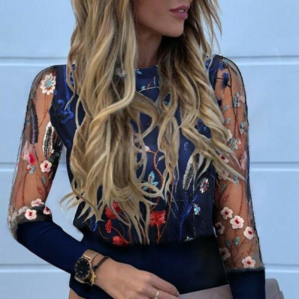 The Best Women Ladies Mesh Sheer Puff Sleeve Jumper Embroidery Knitwear Tops Shirt Autumn Casual Blouse Online - Hplify