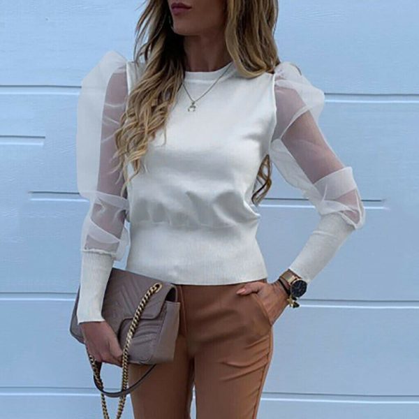 The Best Women Ladies Puff Mesh Sleeve Tops Pullover Blouse Loose Jumper Shirt Autumn Tops Sheer Mesh Street Clothes Online - Hplify