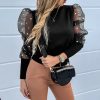 The Best Women Ladies Puff Mesh Sleeve Tops Pullover Blouse Loose Jumper Shirt Autumn Tops Sheer Mesh Street Clothes Online - Hplify