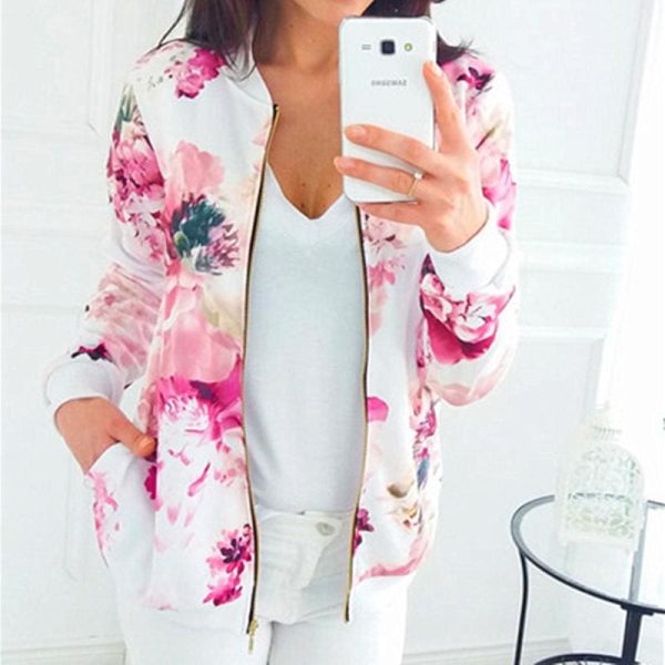 The Best Women Ladies Retro Floral Zipper Up Bomber Long Sleeve Slim Plaid Jacket Casual Floral Zipper Up Bomber Coat Outwear Online - Hplify
