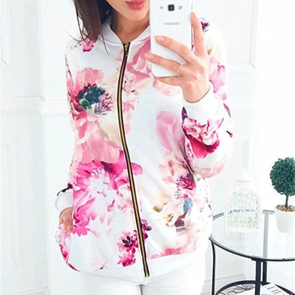 The Best Women Ladies Retro Floral Zipper Up Bomber Long Sleeve Slim Plaid Jacket Casual Floral Zipper Up Bomber Coat Outwear Online - Hplify