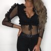 The Best Women Ladies See Through Lace Mesh Sheer Long Sleeve V-Neck Crop Top Casual Summer Solid Shirt Blouse Tee Online - Hplify