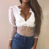 The Best Women Ladies See Through Lace Mesh Sheer Long Sleeve V-Neck Crop Top Casual Summer Solid Shirt Blouse Tee Online - Hplify