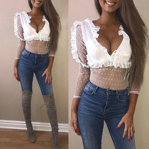 The Best Women Ladies See Through Lace Mesh Sheer Long Sleeve V-Neck Crop Top Casual Summer Solid Shirt Blouse Tee Online - Hplify