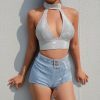 The Best Women Ladies Sequin Sparkly Halter Neck Sexy Bra Camisole Crop Top Summer Beach Lace Up Backless Solid Casual Vest Online - Hplify